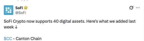 Cropped screenshot of SoFi’s original X announcement listing CC among its added crypto assets